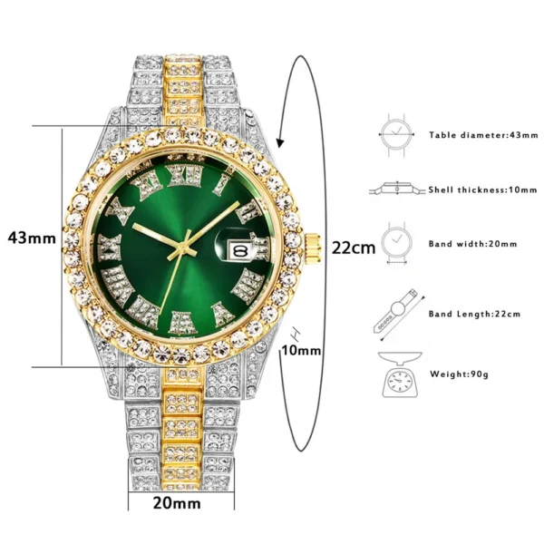 Gold and silver jeweled wristwatch with green face.