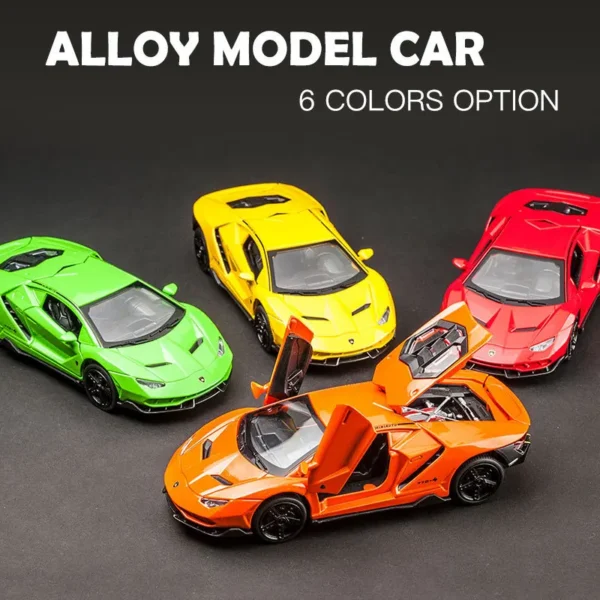 Four colorful toy Lamborghini model cars.