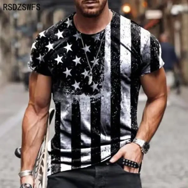 2021 Summer American Flag 3D Print Men Casual Fashion T-shirt Round Neck Loose Oversize Muscle Streetwear Clothing Man's Tshirts - Image 2