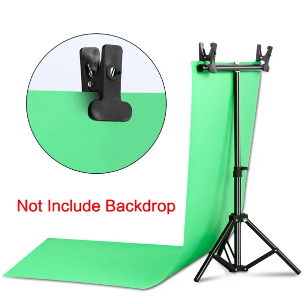 Green screen backdrop stand with clips.