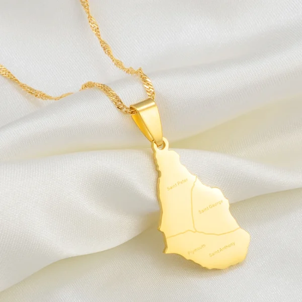 Gold necklace with Antigua and Barbuda map pendant.