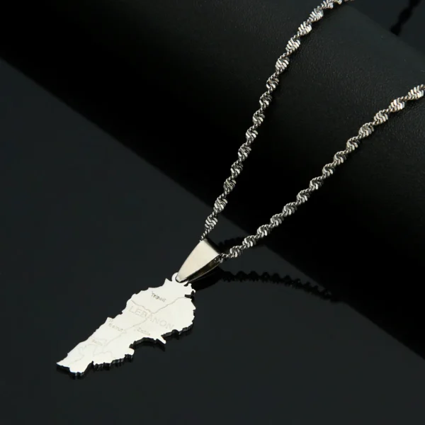 Silver necklace with Lebanon map pendant.