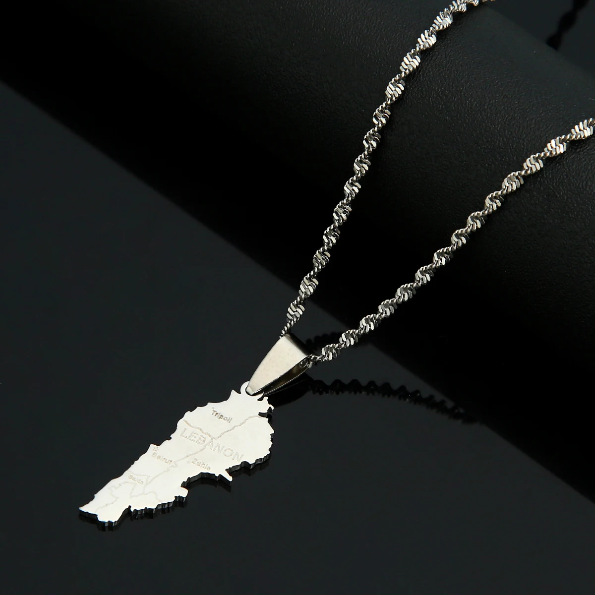 Silver necklace with Lebanon map pendant.