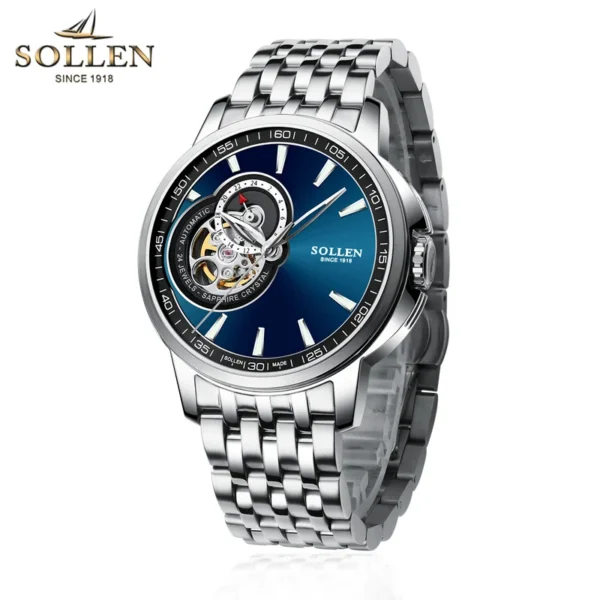 Silver automatic watch with blue face.