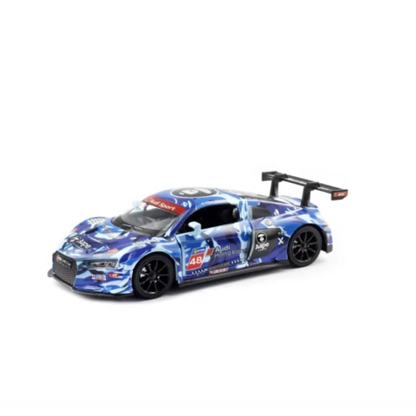 Blue and white Audi R8 race car toy.