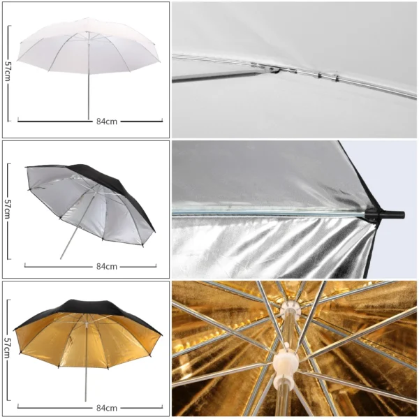 Three photography umbrellas with different surfaces.