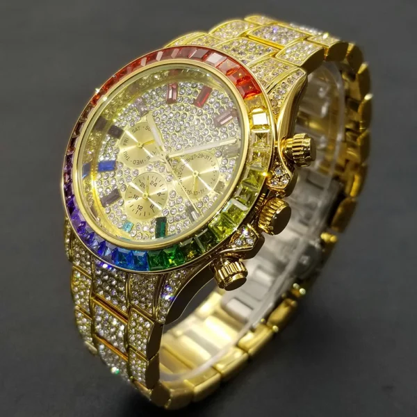 Gold jeweled watch with rainbow bezel.