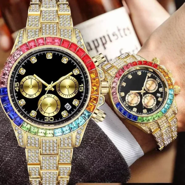 Two gold watches with rainbow gem accents.