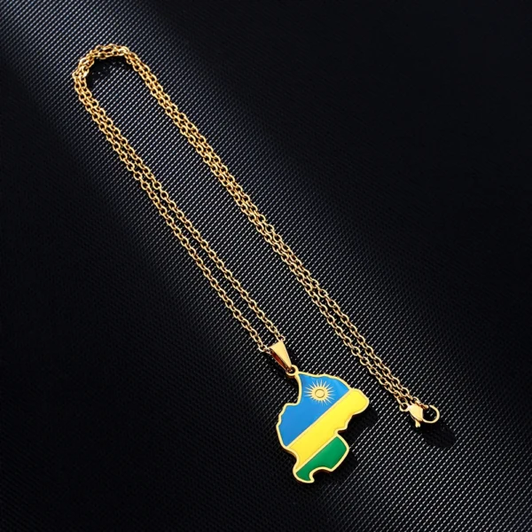 Gold chain with Rwandan flag pendant.