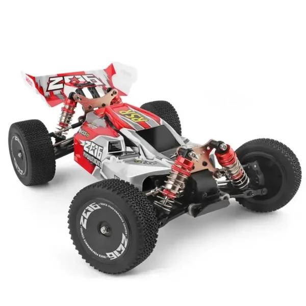 Red and white remote control buggy.