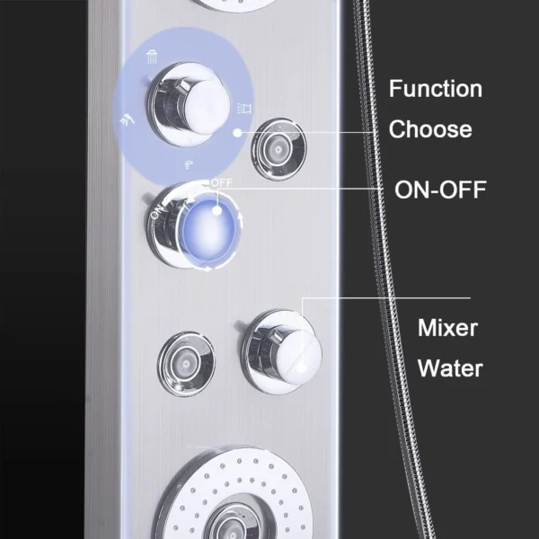 Chrome shower panel with multiple spray functions.