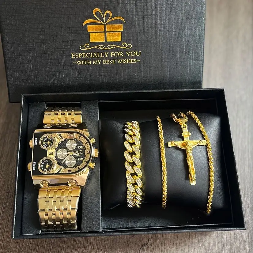 Gold watch, bracelet, and necklace set.