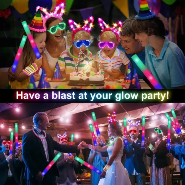 People celebrate with glow sticks and hats.