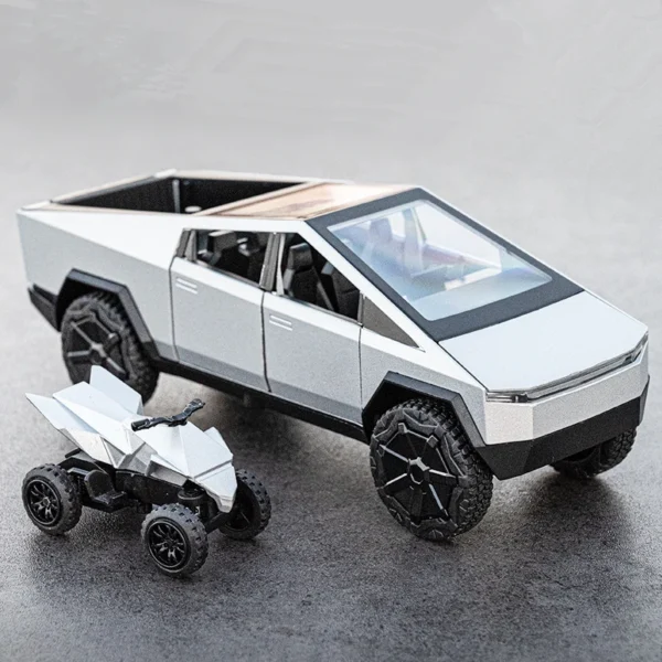 White Tesla Cybertruck and ATV toy cars.