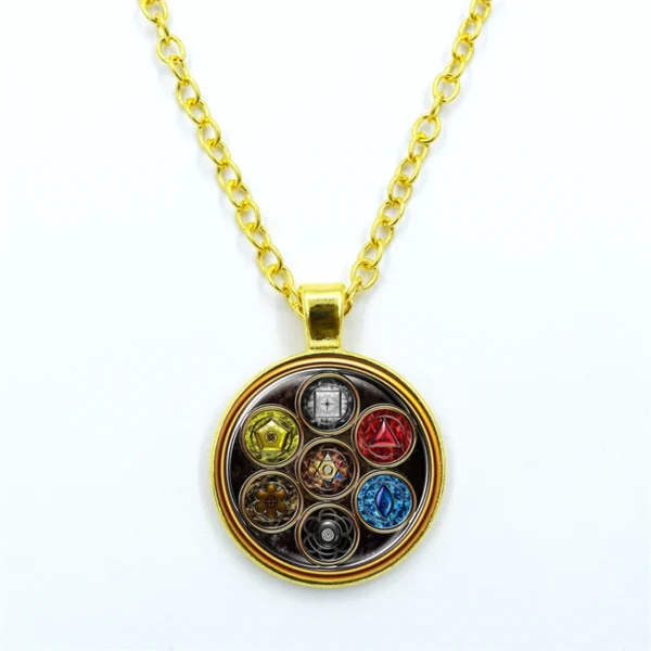 Gold necklace with circular pendant.