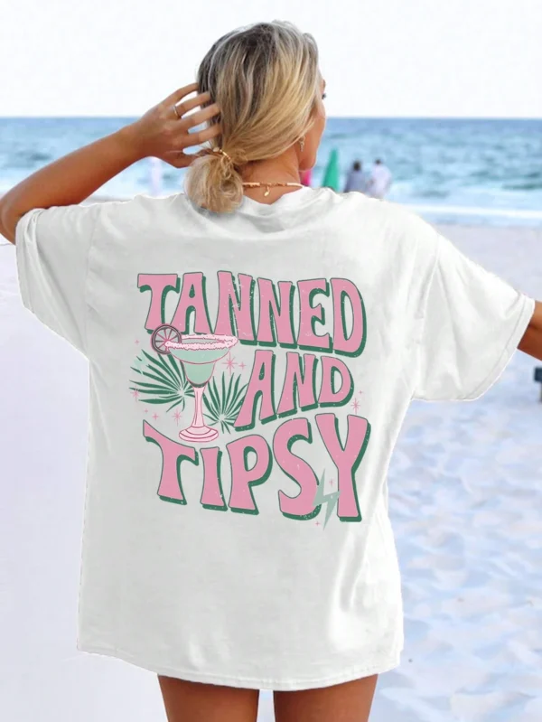 Tanned And Tipsy Pattern Print Womens Tee Clothes Soft Regular Female Tees Sporty Breathable Tops Comfortable Loose T-Shirt - Image 4