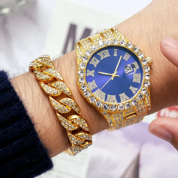 Gold watch with blue face and diamond bracelet.