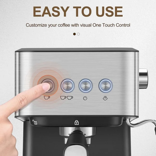 Stainless steel espresso machine with one-touch controls.