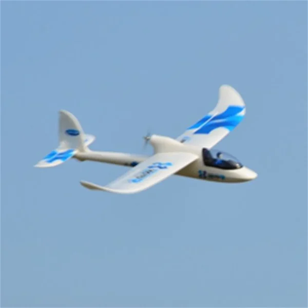 White and blue RC airplane in flight.