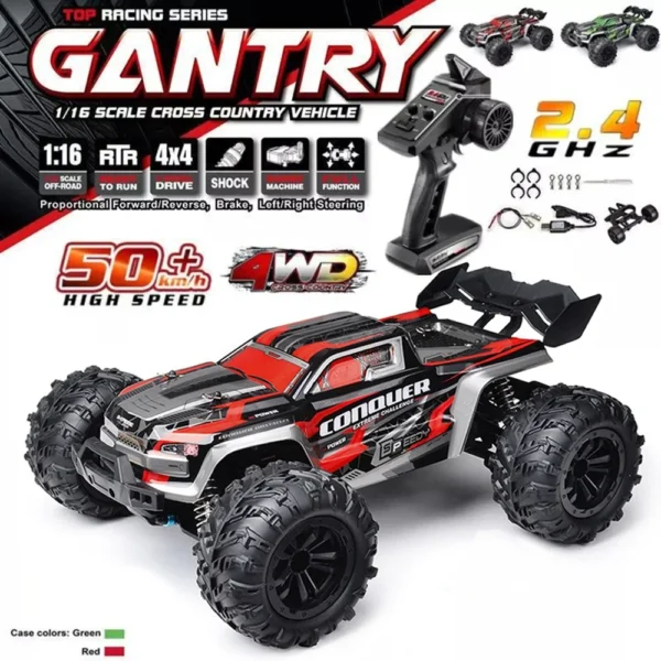 Red and black remote control monster truck.