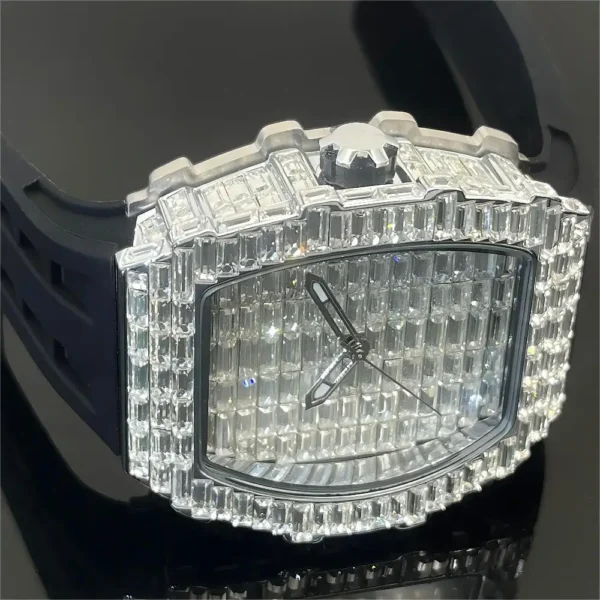 Diamond encrusted wristwatch with black band.