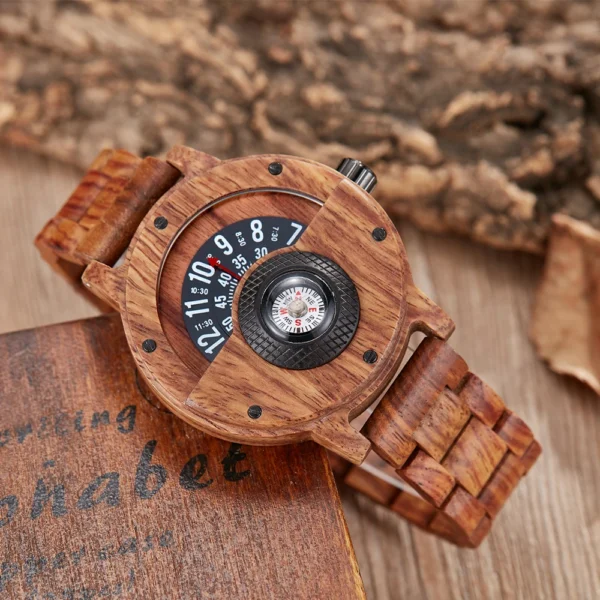 Wooden wristwatch with compass face