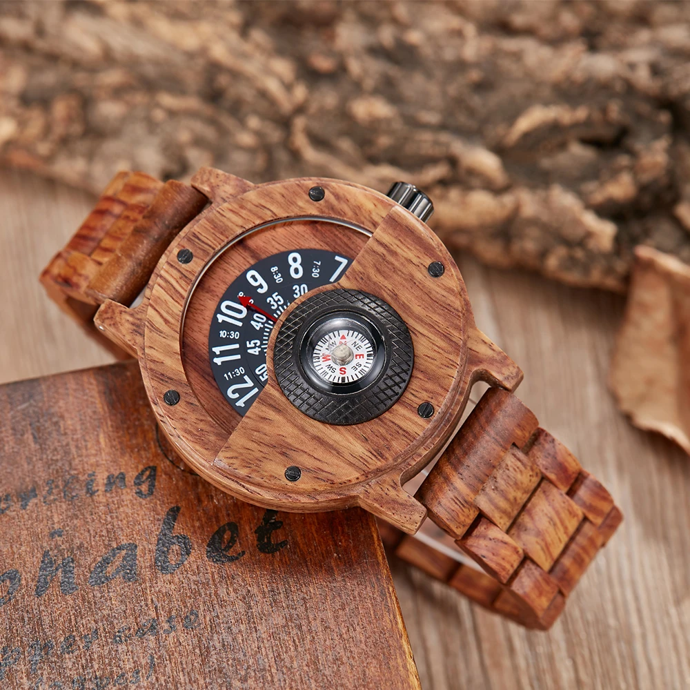 Wooden wristwatch with compass face