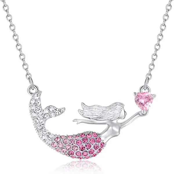 Silver necklace with pink crystal mermaid.