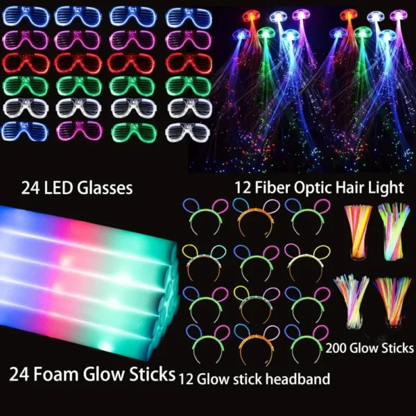 272 Glowing Party Supplies, 24 Foam Glow Sticks, 24 LED Glasses and 200 Fluorescent Bracelets, Party Supplies - Image 2