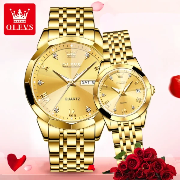 Gold couple's watch set with diamond accents.