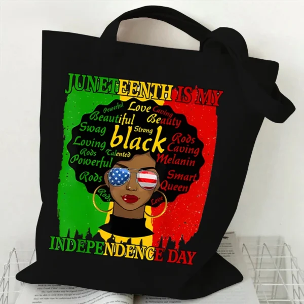 "Juneteenth Is My Independence Day" Women's Canvas Tote Bag Black Girl Cartoon Shopping Bag Black History Culture Shoulder Bag - Image 6