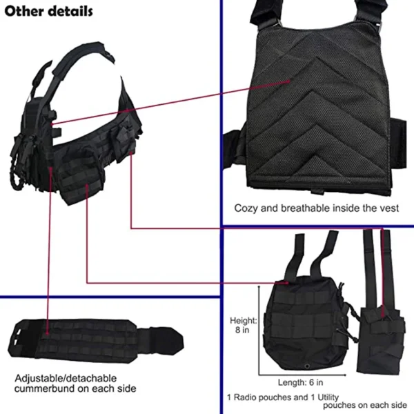 Black tactical vest with pouches and straps.