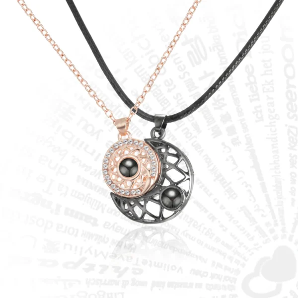 Rose gold and black necklace with pendants.