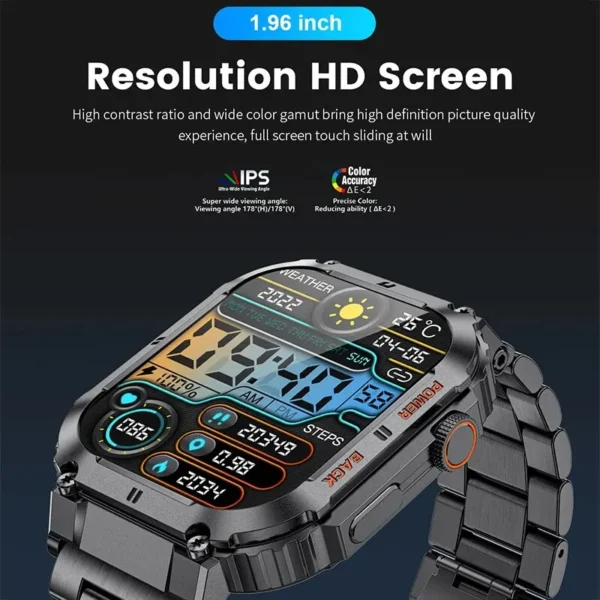 Black smartwatch with digital display and metal band.