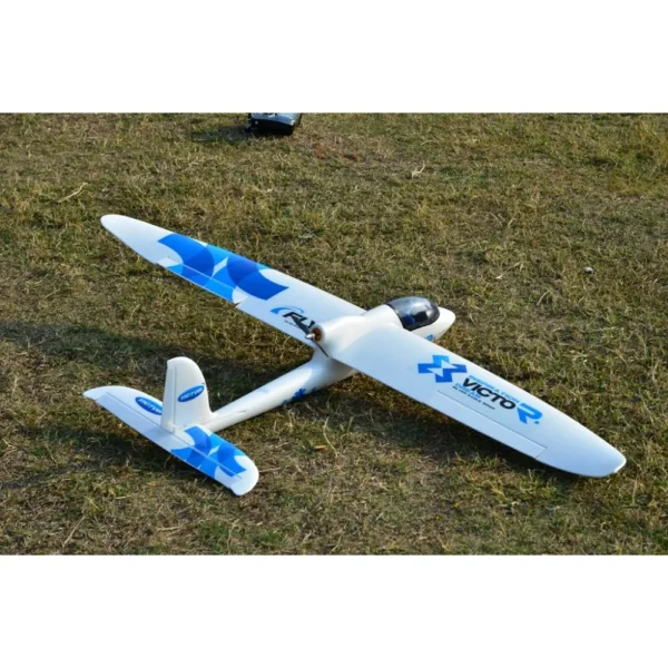 White and blue remote-controlled glider on grass.