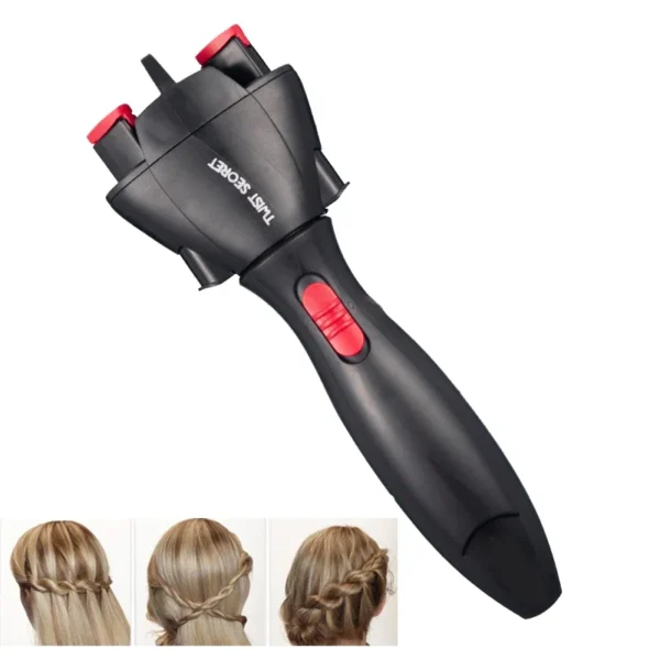 Black hair braiding tool with red buttons.