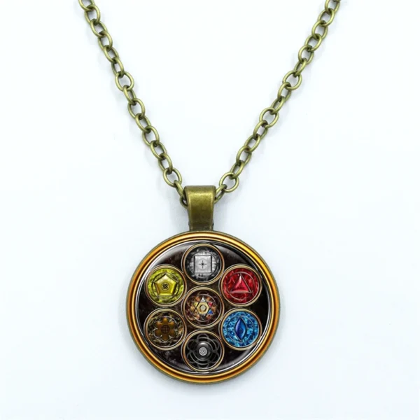 Gold chain with colorful symbol pendant.