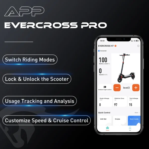 Electric scooter app with speed and battery info.