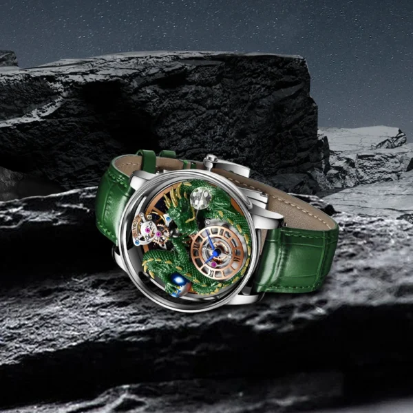 Green dragon watch with leather strap.