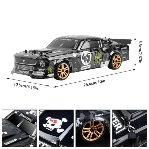 Black and gold toy car with skull design.