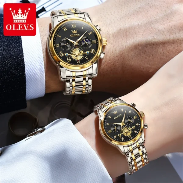 Two gold and silver Olevs watches on wrists.