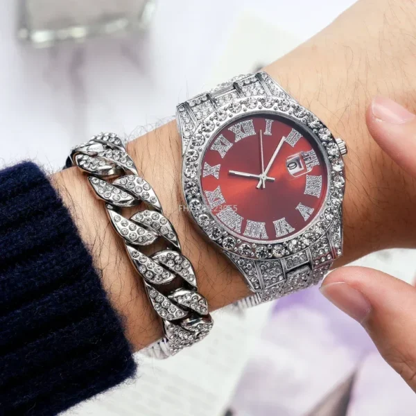 Diamond iced-out watch and bracelet on wrist.