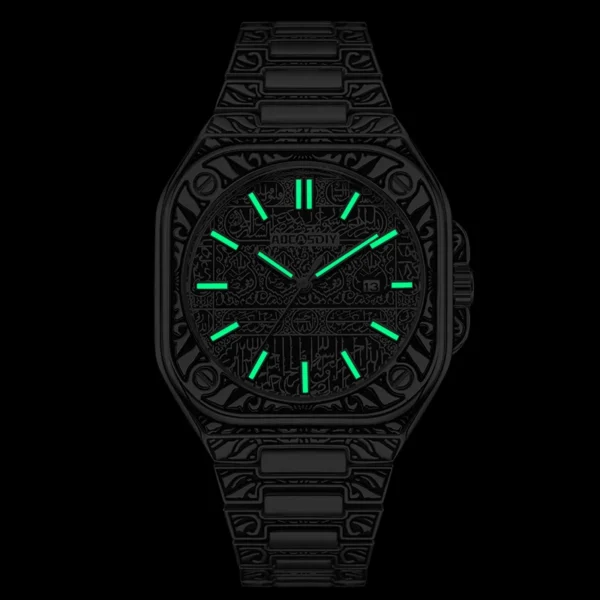 Black wristwatch with green glow-in-the-dark face.