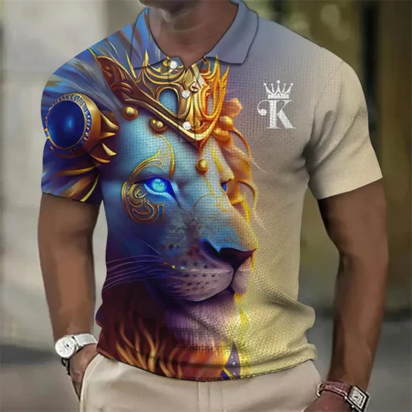 Animal Men's Polo Shirts 3d Lion Print Tops Daily Casual Lapel Tees Fierce Beast Graphic Men Clothing 2024 Short Sleeve T-shirt - Image 5