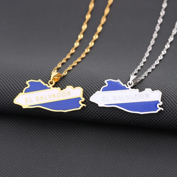 Gold and silver El Salvador map necklaces.