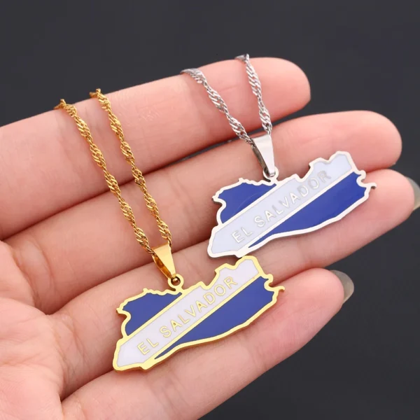 Two El Salvador map necklaces.