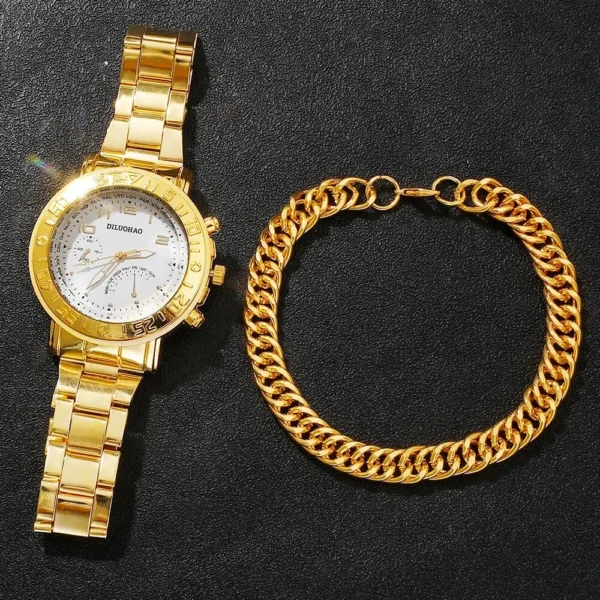 Gold wristwatch and chain bracelet.