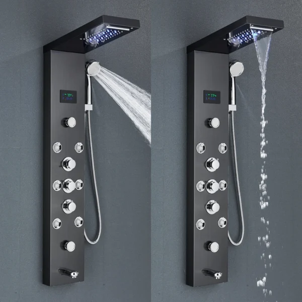 Black shower panel with multiple spray settings.