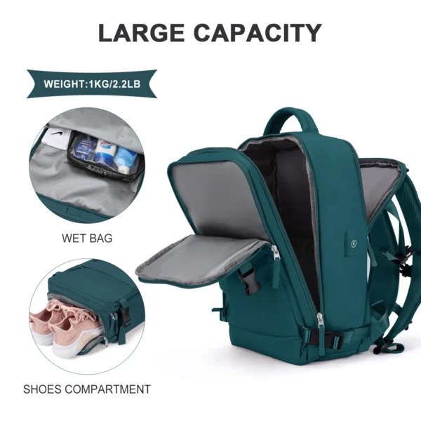 Teal backpack with multiple pockets.