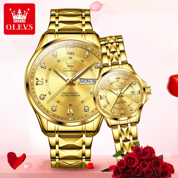 Gold Olevs couple's wristwatches with diamonds.